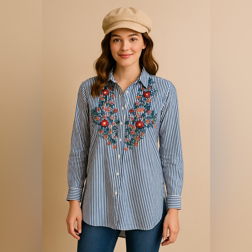 Striped Floral Embroidered Shirt with Cap - Picture 1 of 3